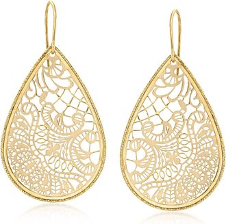 Ross-Simons Italian 14kt Yellow Gold Floral Embroidery Teardrop Earrings