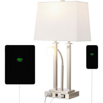 Jonathan Y Designs Blaire 23.75 2-Light Modern Farmhouse Metal LED Table Lamp with USB Charging port in Nickel at Nordstrom
