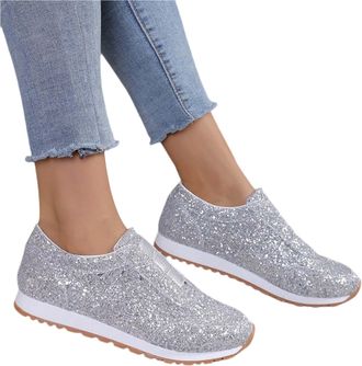 Generic Womens Glitter Slip On Trainers Sequin Shoes For Women Breathable Lightweight Sneakers Sparkly Metallic Sport Pumps For Party Casual Plat Bottom Walki
