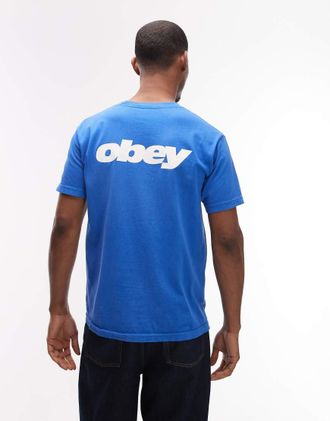 Obey T-shirt blu con logo e stampa sul retro