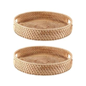 OEM 2 Bandejas Redondas De Rat&aacute;n Para Servir, Bandejas Decorativas Tejidas Para Otomanas Con Asas Para Mesa De Centro, Color Natural (peque&ntilde;as)