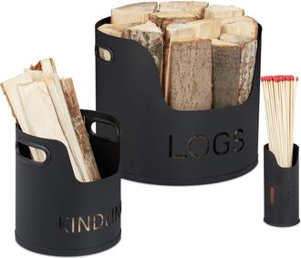 Relaxdays Kit De 3 Cestos Le&ntilde;eros Modernos, Soportes De Le&ntilde;os Y Cerillas, Accesorio Para Chimeneas, 30,5 X 37 Cm, Negro - Relaxdays