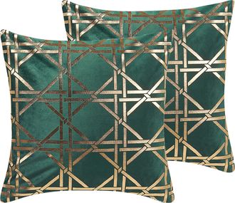 Beliani Beliani - Conjunto De 2 Cojines Decorativos Patr&oacute;n Diamantes Geom&eacute;trico Verde Oscuro/dorado 45 X 45 Cm Decoraci&oacute;n Glamour Cassia