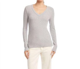 Karen Kane Long Sleeve Ribbed V-Neck Top - Petite In Heather Gray