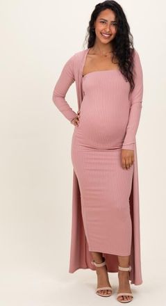 Pinkblush Ribbed Sleeveless Dress Cardigan Set in Mauve at Nordstrom, Size Small