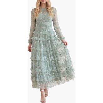Needle & Thread Blossom Long Sleeve Lace Ankle Gown in Laurel at Nordstrom, Size 18