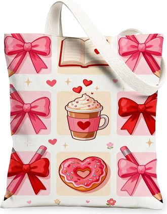Generic ValentineS Day Heart Pattern Canvas Tote Bags, Adorable Bow Design Reusable Grocery Bags, Lightweight Washable Shoulder St, Peach, 13x15 Inch