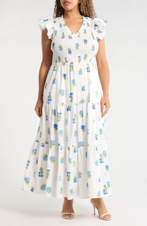 Sugarlips Jillian Floral Sunfire Tiered Midi Dress in White Floral at Nordstrom, Size 2 X