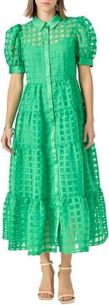 English Factory Grid Pattern Tiered Midi Shirtdress in Green at Nordstrom, Size X-Small