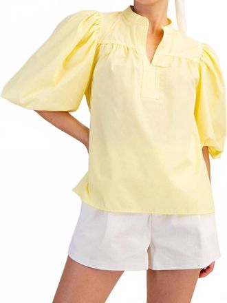 Glam Collar V-Neck Bubble Sleeve Poplin Top In Butter Yellow