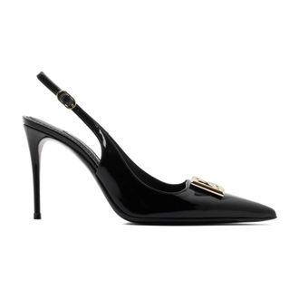 Dolce & Gabbana Pumps, female, Black, 4 UK, Black Leather Logo Plaque Slingback Pumps