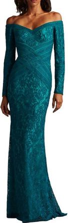 Tadashi Shoji Off the Shoulder Lace Trumpet Gown in Cerulean at Nordstrom, Size 16