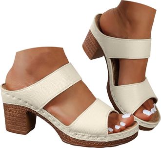 Generic Block Heel Sandals for Women 2026 Summer Open Toe Chunky Platform Wedges Non-Slip Casual Hollow Out Lightweight Shoes Beige