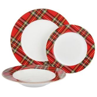Trade Shop TrAdE Shop Traesio - Set Servizio Di 18 Pz Piatti Con Motivo A Bordo Tartan In Porcellana Da Tavola Natalizio