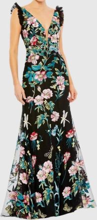 Mac Duggal Embroidered Floral Plunge-Neck Trumpet Gown In Black