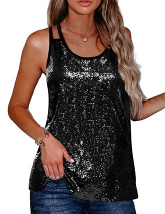 Zeagoo Womens Sleeveless Sequin Top Sparkle Shimmer Camisole Vest Tank Tops - Black - Small
