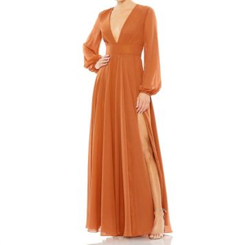 Mac Duggal V-Neck Chiffon Gown In Terra Cotta