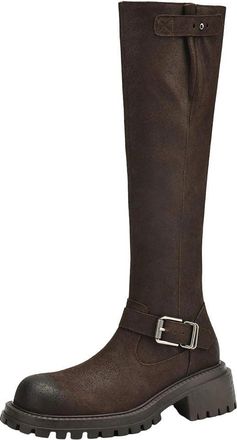 Generic Womens Cow Leather Vintage Mid-Heels Western Long Boots Belt Buckle Chic Thigh-High Boots