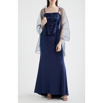 Eliza J Mixed Media Floral Embroidery Gown in Navy at Nordstrom, Size 10