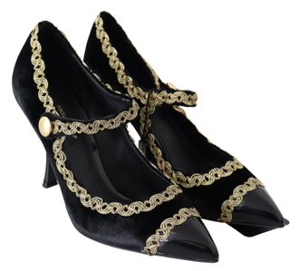 Dolce & Gabbana Womens Black Velvet Gold Mary Janes Pumps