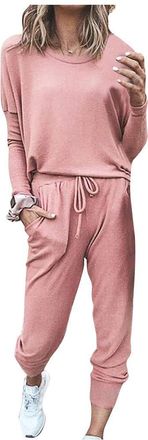 Generic Tracksuit Womens Full Set 2025 Oversized Solid Color Long Sleeve Crew Neck Pullover Tops and Long Pants Tracksuit Lounge Wear Sets Casual Co Ord Sets 