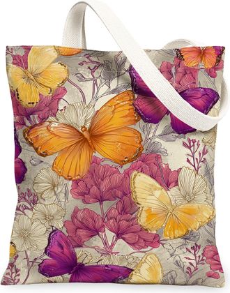 Generic Butterfly Floral Canvas Tote Bags, Colorful Insect Design Reusable Grocery Bags, Spring Vintage Lightweight Washable Should, Multi-color, 13x15 Inch