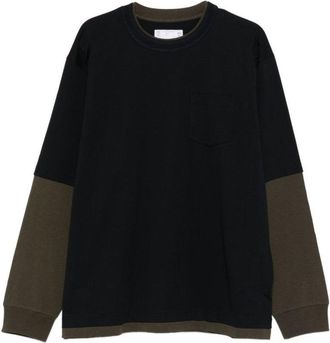 sacai Long-Sleeve Shirt With Contrasting Olive Green Sleeves And Ribbed Cuffs