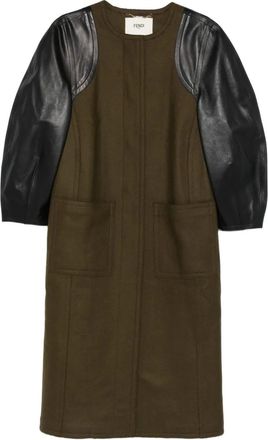 Fendi leather-sleeves wool coat - Green