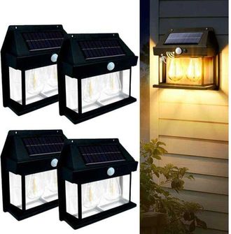 OEM Farol De Pared Solar Con Dos Focos, Paquete De 4 Luces Para Exteriores, 3 Modos Y Sensor De Movimiento, Luz De Porche Impermeable, Color Negro