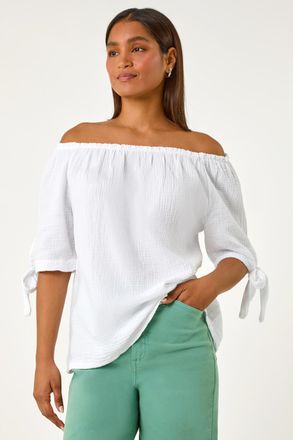 Roman Cotton Blend Tie Detail Bardot Top