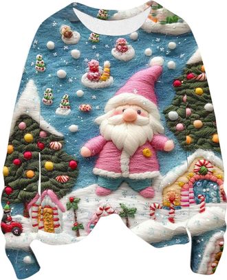 Generic Christmas Sweatshirts for Women Casual Round Neck Xmas Sweaters Fashion Novelty Santa Printed Ladies Christmas Tops Comfy Elegant Pullover Plus Size X