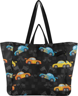 Generic Racing Car Black print Reusable Canvas Tote Bag, Heavy Duty Grocery Shopping Bag with Double Handles Hard Bottom Large Capacity Work Groceries Travel