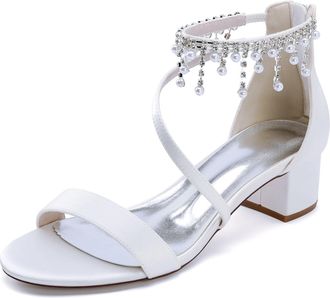 Generic Wedding Shoes Womens Low Heels Open Toe Chunky Heel Bridal Shoes Prom Evening Formal Party Shoes 4.5Cm,White,10 UK