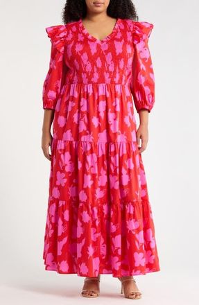 Sugarlips Brighton Smocked Long Sleeve Maxi Dress in Fuchsia-Red at Nordstrom, Size 3X