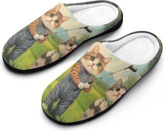 Generic Funny Cats Playing Golf Cotton Slippers for Women Indoor Outdoor Slipper Slip-On Memory Foam Home Shoes