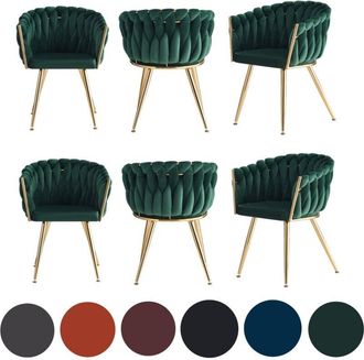 Life Interiors Set of 6 Roma Modern Velvet Dining Chairs - Ergonomic Curved back with Gold Metal Frame - Armchair for Dining Room Kitchen Living Room - Green
