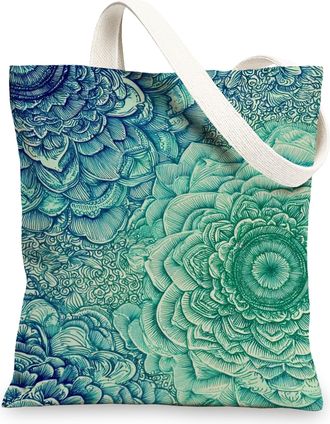 Generic Floral Canvas Tote Bag, Vintage Reusable Grocery Bags, Linen Lightweight Blue Shoulder Strap Bags 13x15 Inch