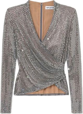 Self Portrait Rhinestone Mesh Wrap Top
