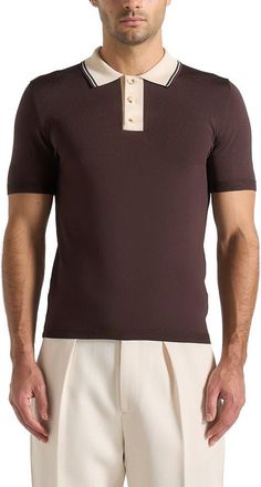 Mani&egrave;re De Voir Roux Contrast Detail Luxe Knit Polo Shirt in Brown at Nordstrom, Size X-Large