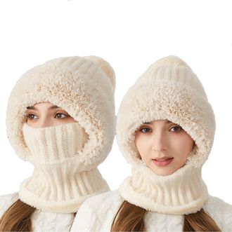 Generic 3 in 1 Beanie Hat with Scarf and Mask, Masks Set Hooded Piece Windproof Warm, Womens Hats & Caps (UK, Alpha, One Size, White)