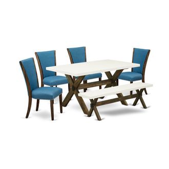 East West Furniture 6 Piece Table Set - 4 Black Linen Fabric Comfortable Chair with Nailheads and Linen White Modern Dining Table
