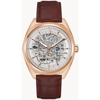 Bulova Surveyor Skeleton Dial Leather Strap Mens Watch 97A175