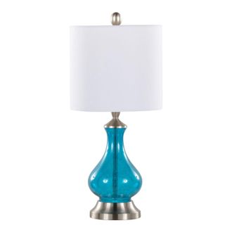 Jasmine 22 Contemporary Glass Accent Lamp in Clear Sapphire Blue Seeded Glass, Brushed Nickel and White Linen Shade from Grandview Gallery by