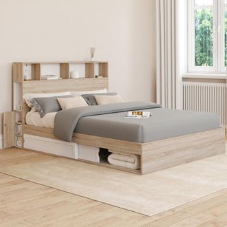 IDMarket Clem Cama Doble Con Espacio De Almacenamiento + Cabecero Y Somier 140 X 190 Cm Haya Y Blanco