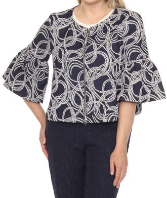 Joseph Ribkoff Abstract Jacquard Zip Front Jacket In Navy/off-White