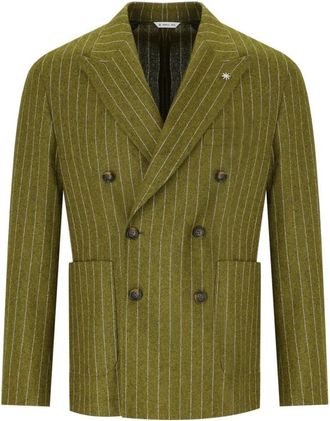 Manuel Ritz Groene Gestreepte Dubbel-Borst Jas - Heren - Blazers - Groen - L - Katoen - Jassen