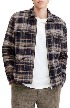 AllSaints Crosby Plaid Faux Shearling Lined Zip Jacket in Marine Blue at Nordstrom, Size Medium