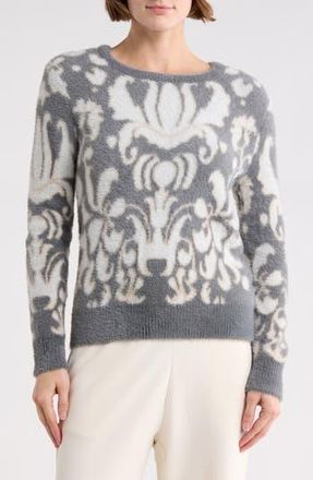 T Tahari Bateau Neck Jacquard Sweater in Grey/Ivory Medallion at Nordstrom Rack, Size X-Large