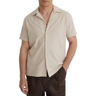 Reiss Aurelia Stripe Cotton Blend Camp Shirt in Stone/White at Nordstrom, Size Xx-Large