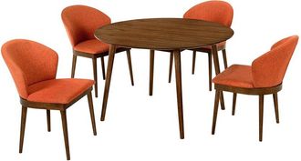 Armen Living Arcadia & Juno 48In Round Orange & Walnut Wood 5Pc Dining Set
